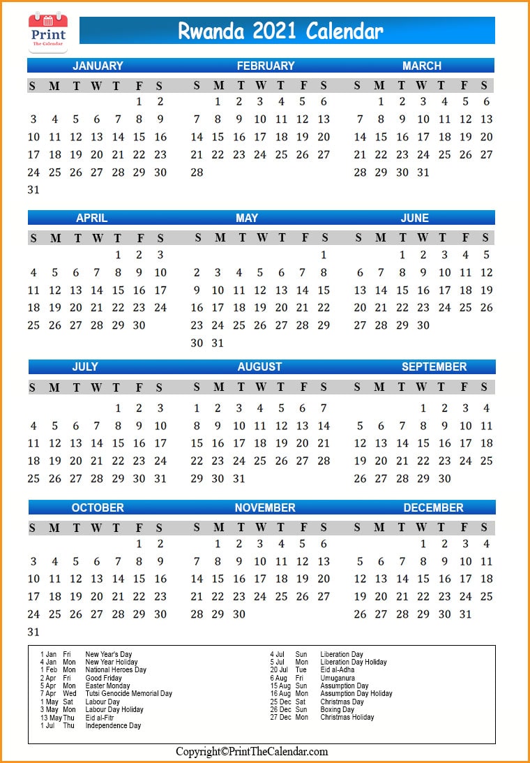 Rwanda Calendar 2021